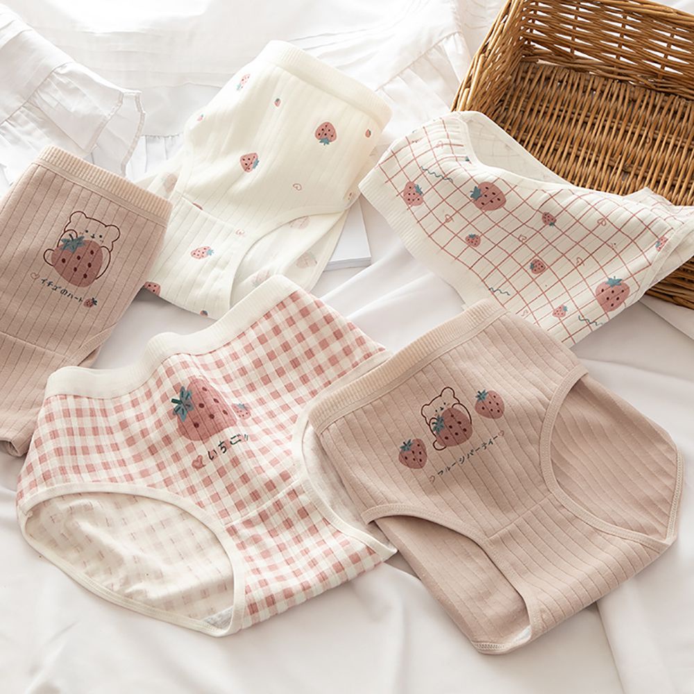 Quần Lót Cotton Lưng Vừa Thoáng Khí In Họa Tiết Dâu Tây Dễ Thương Cho Nữ