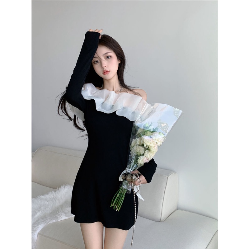 Đầm Ôm Tay Dài Cổ Bèo Nhún Xếp Nếp Thời Trang Mùa Hè Xinh Xắn Cho Nữ