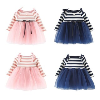 Đầm cotton sọc thiết kế khoét vai có nơ cho bé gái