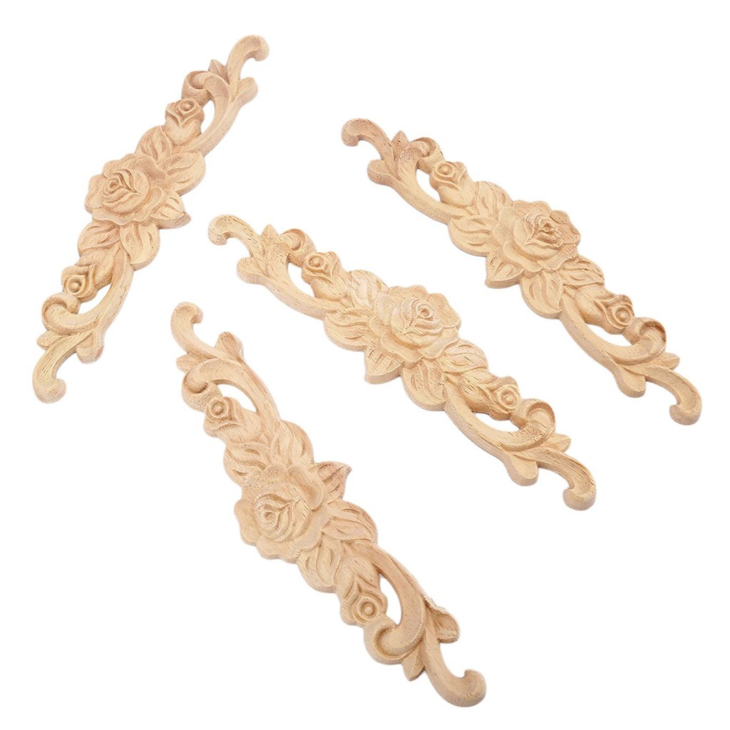 Set 4 miếng gỗ họa tiết chạm khắc hoa hồng trang trí nội thất 20x5cm