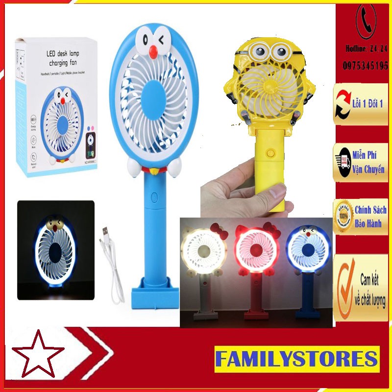 Quạt tích điện mini cầm tay Minion,Doreamon có đèn Led-cute đáng yêu