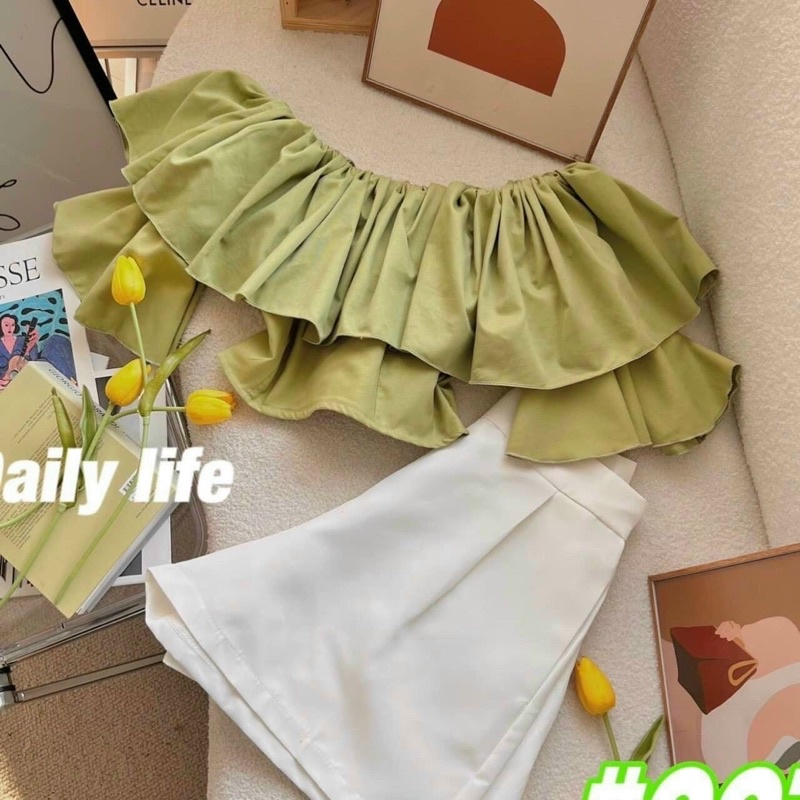 bộ ÁO ngắn TRỄ VAI BÈO TẦNG + QUẦN  2M