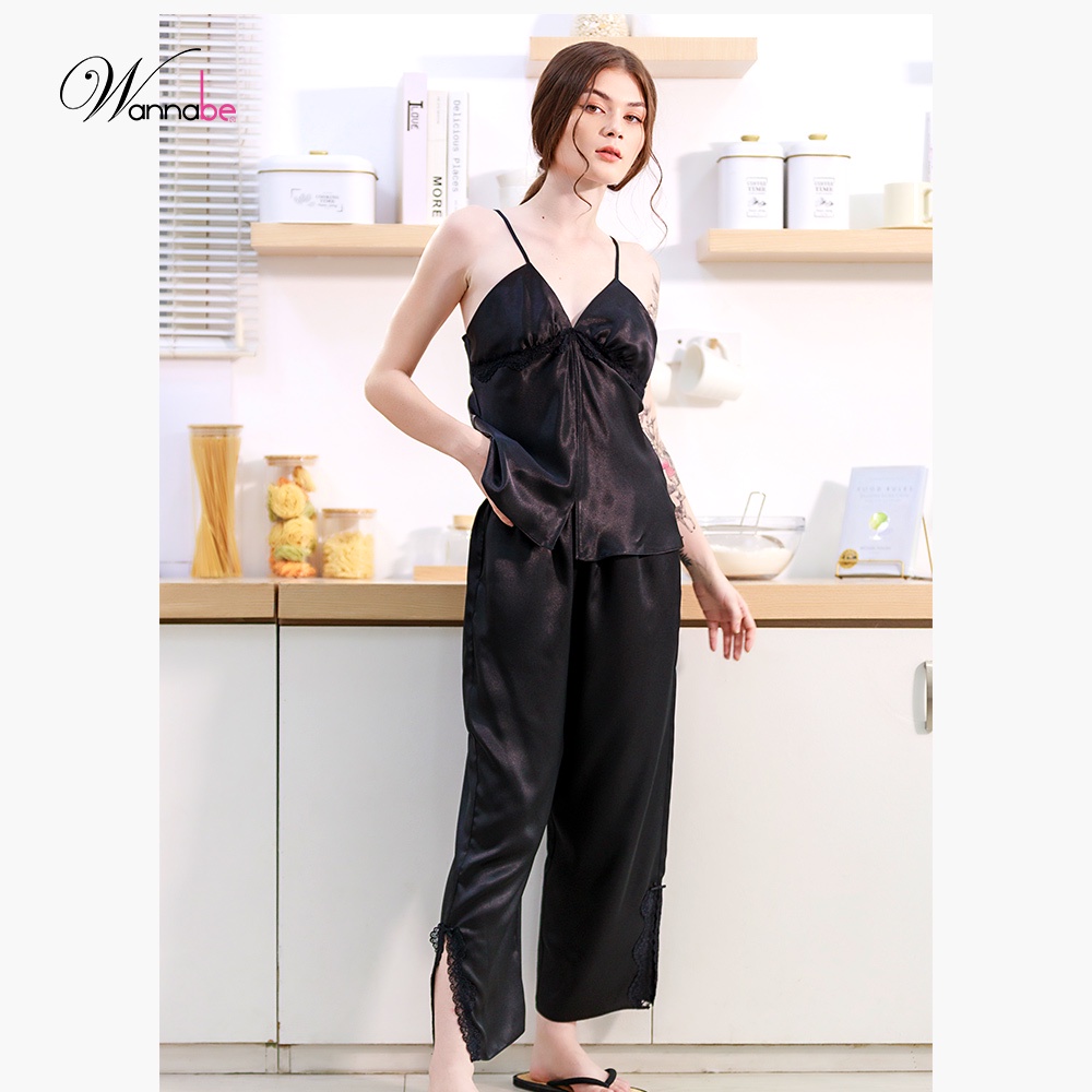 Đồ bộ mặc nhà phi lụa cao cấp Wannabe, bộ dài BDS41 cúp ngực viền ren gợn sóng nữ tính quý phái