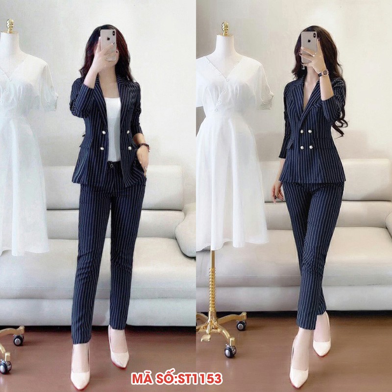 ➡️#ST1153 Set nguyên bộ áo vest kẽ sọc 4 nút tay dài 2 túi giả(ko kèm áo trong) - hàng việt nam