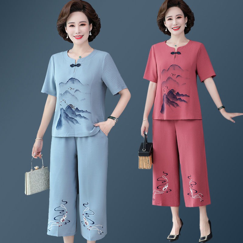 Bộ đồ cotton và lanh dành cho mẹ mùa hè, phong cách phương Tây, phụ nữ trung niên cao tuổi 5060 mặc áo thun hai