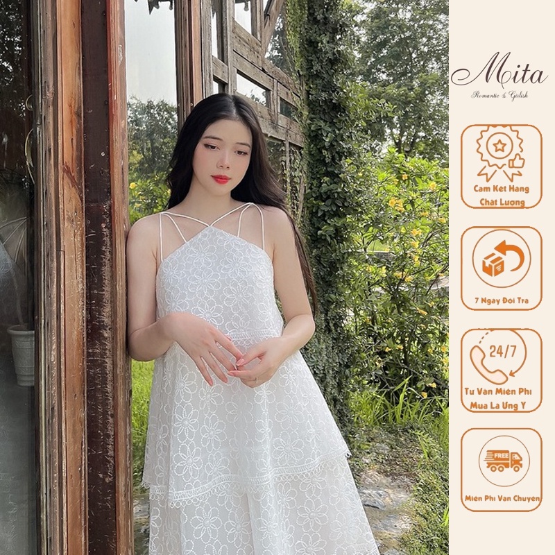 Mita Boutique - Váy Nữ Dáng Suông Cổ Yếm Ren Lime Mita - MIDA0130