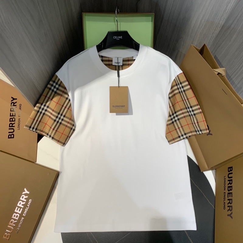Áo thun BBR Bur*berry Serra màu trắng chất liệu vải cotton cao cấp, Áo tee BBR kẻ sọc unisex form rộng