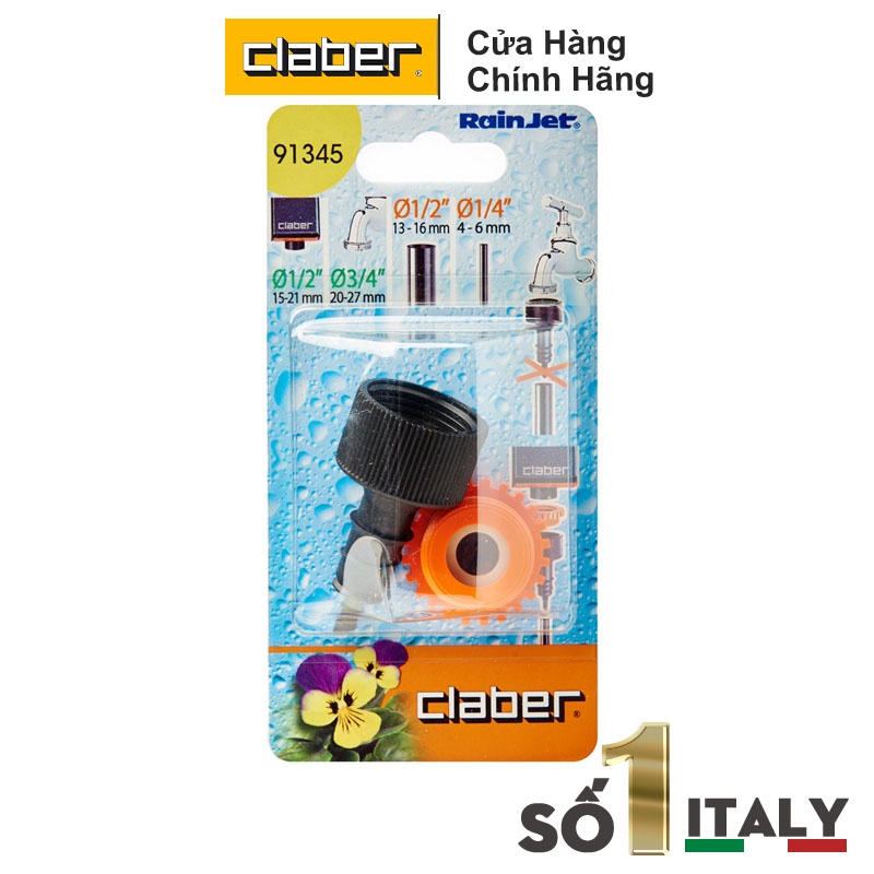 Nối ren chuyển đổi  Claber 91345 chuyển đồi từ vòi nước có ren qua ống 1/2″-1/4″