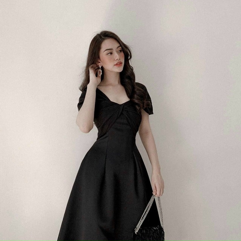Đầm váy midi đi tiệc xoắn ngực tay xoè 2 màu