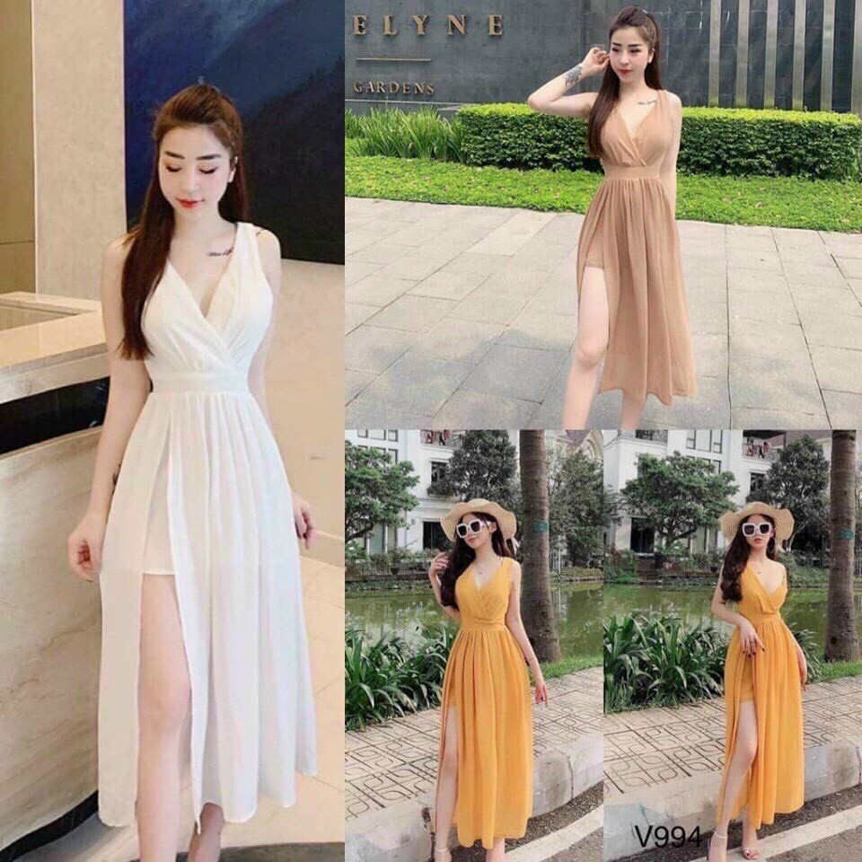 [Mã NAVIFAHIO giảm 10K đơn 50K] Đầm Maxi Cổ Tim Bó Eo Siêu Xinh [FREESHIP]🌸 Váy Cổ Đắp Chéo Xẻ Đùi Phong Cách Hàn Quốc