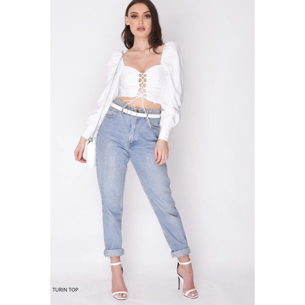 NAPUBEE ÁO Croptop Trắng Tay Dài Đan Dây Thiết Kế, Áo Kiểu Sơ Mi TURIN TOP