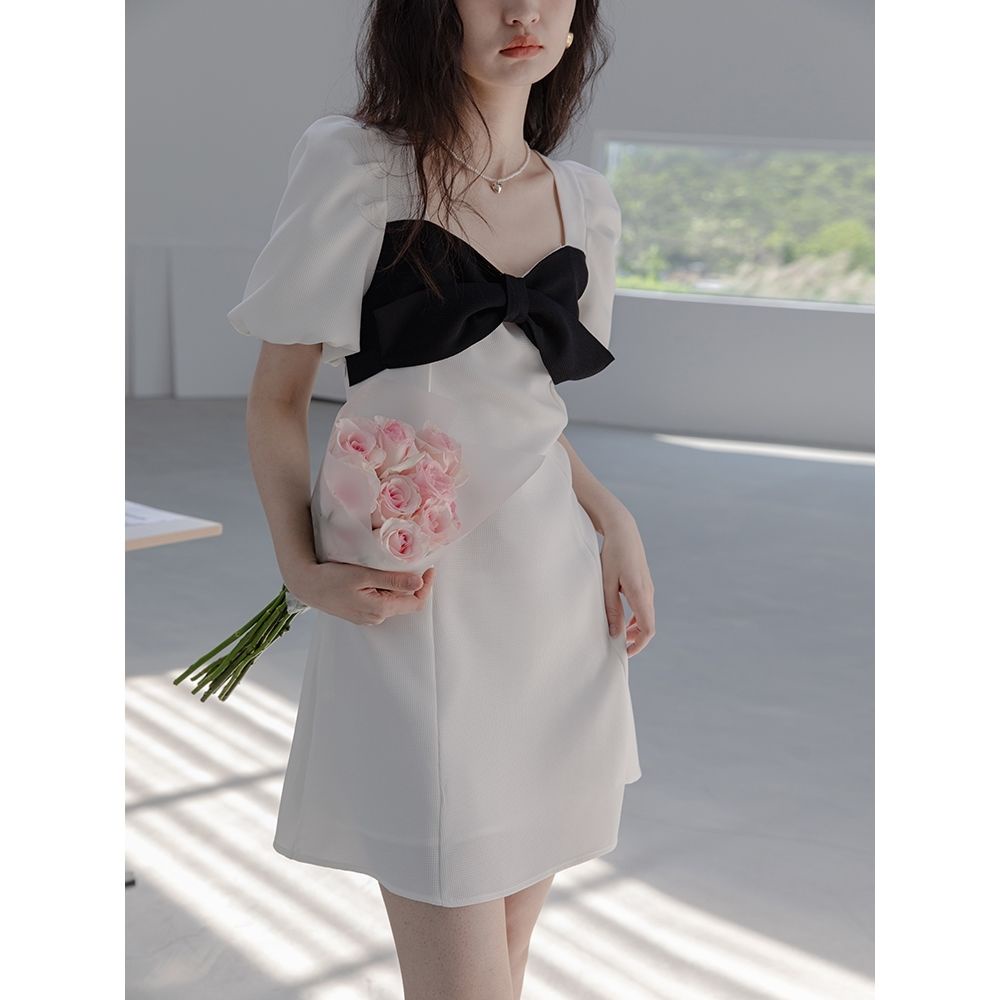 Đầm Chữ A Tay Phồng Thắt Nơ Eo Phong Cách Hàn Quốc Thời Trang Dành Cho Nữ