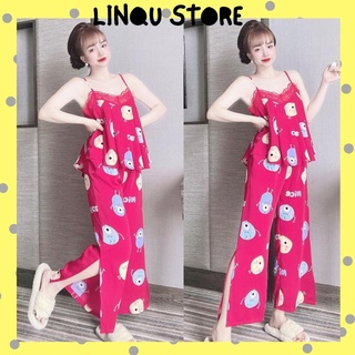 Đồ ngủ sexy 2 dây gợi cảm quần dài xẻ tà phối ren, chất mango mềm mát freesize 40-57kg - Linqustore