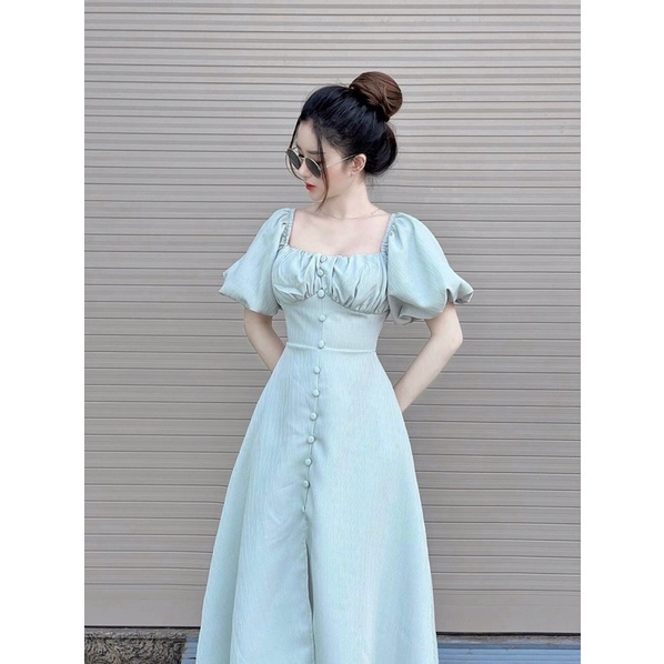 Đầm maxi cổ vuông tay bồng ngực xếp li nút bọc xẻ tà hàng cao cấp 3 màu