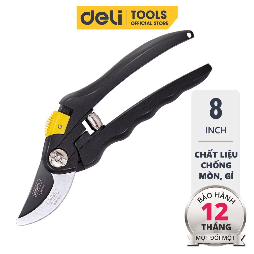 Kéo Cắt Tỉa Cành Cây Deli Chính Hãng 8inch - Lưỡi Thép Sắc Bén, Siêu Bền, Tay Cầm Đệm Cao Su An Toàn, Chắc Chắn DL580201