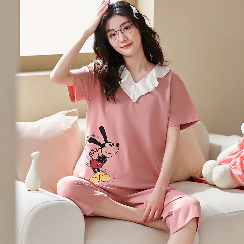 Pajamas women's spring and autumn summer cotton short sleeved Capri Pants Korean cartoon fashion home clothes student wo