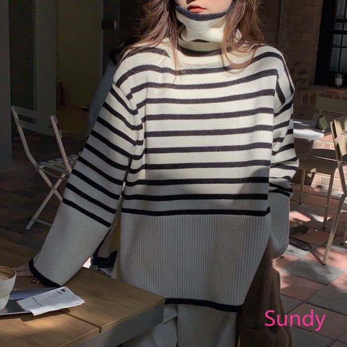 Áo Sweater Dệt Kim Cổ Lọ Tay Dài Dáng Rộng Kẻ Sọc Kiểu Hàn Quốc Đơn Giản Cho Nữ