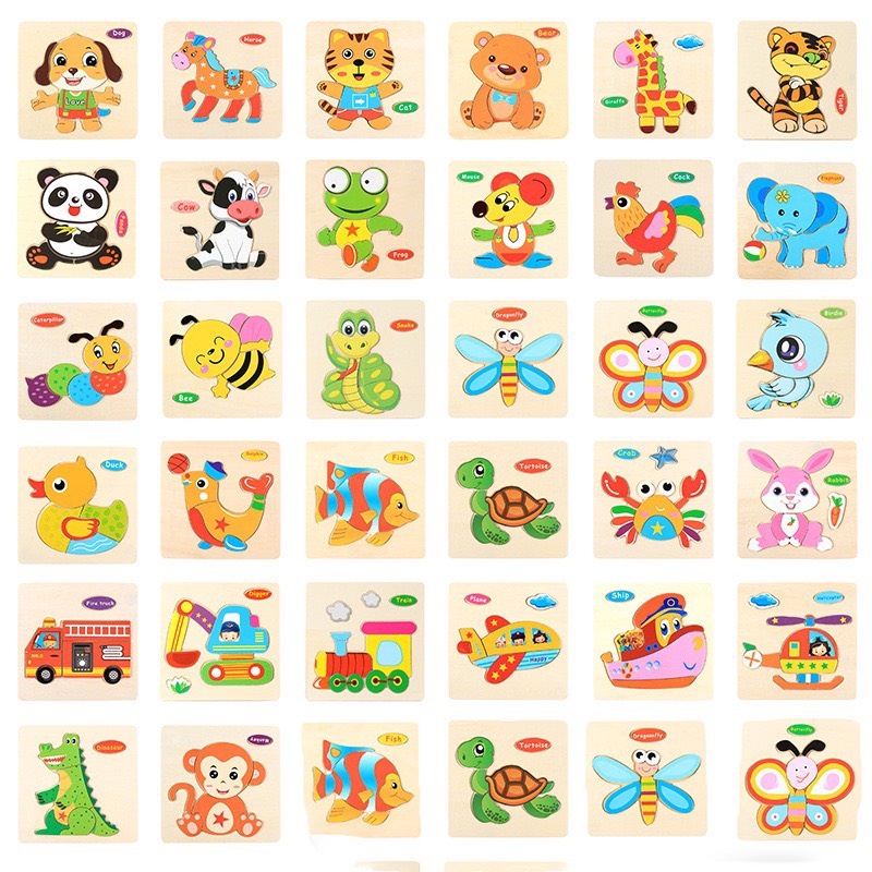 Đồ chơi gỗ - Ghép hình ít mảnh cho bé từ 2 tuổi nhiều hình động vật, trái cây, xe cộ