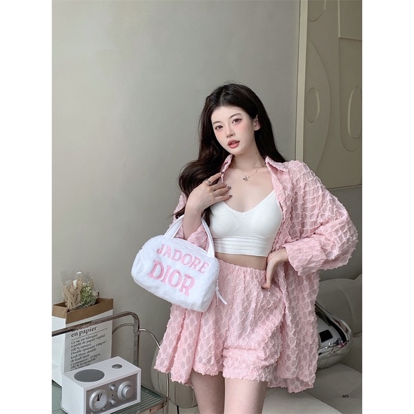 Set áo sơ mi và quần short voan mắt lưới dáng rộng hot