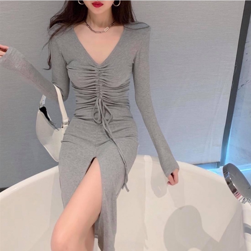 Váy đầm body rút dây tà xẻ cao sang chảnh chất len tăm dày dặn co giãn 3