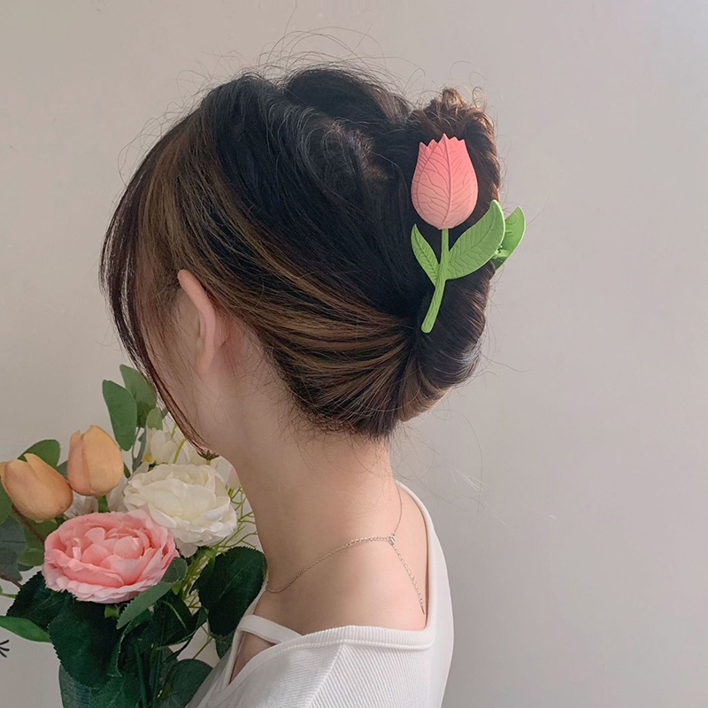 Kẹp Tóc Hình Hoa Tulip Màu Hồng Dễ Thương Phong Cách Hàn Quốc