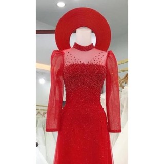 Áo dài hỏi cưới, áo dài tiệc cô dâu đính kết, thiết kế lưới kim tuyến lấp lánh