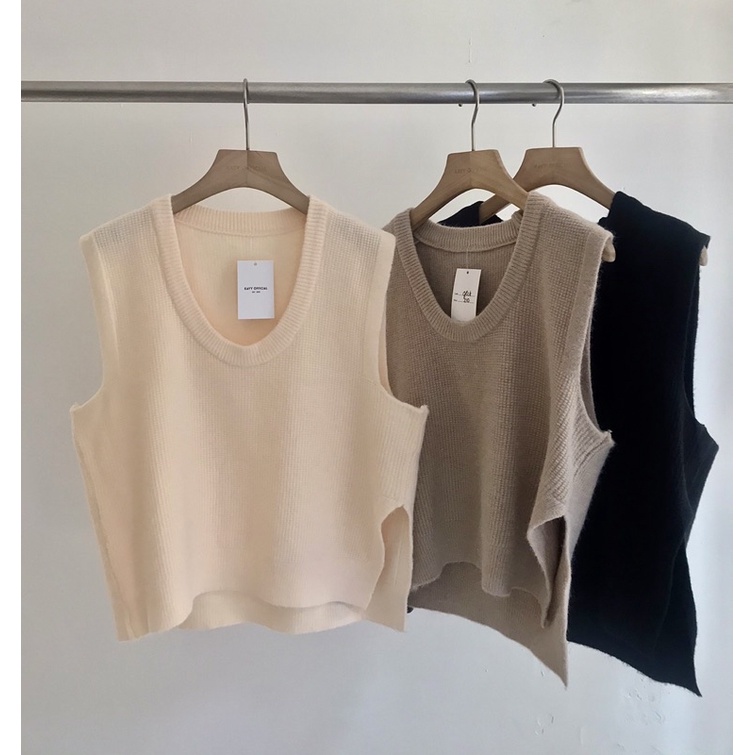 Áo gile len xẻ tà dáng lửng cổ tròn _ Glct (Ảnh thật)