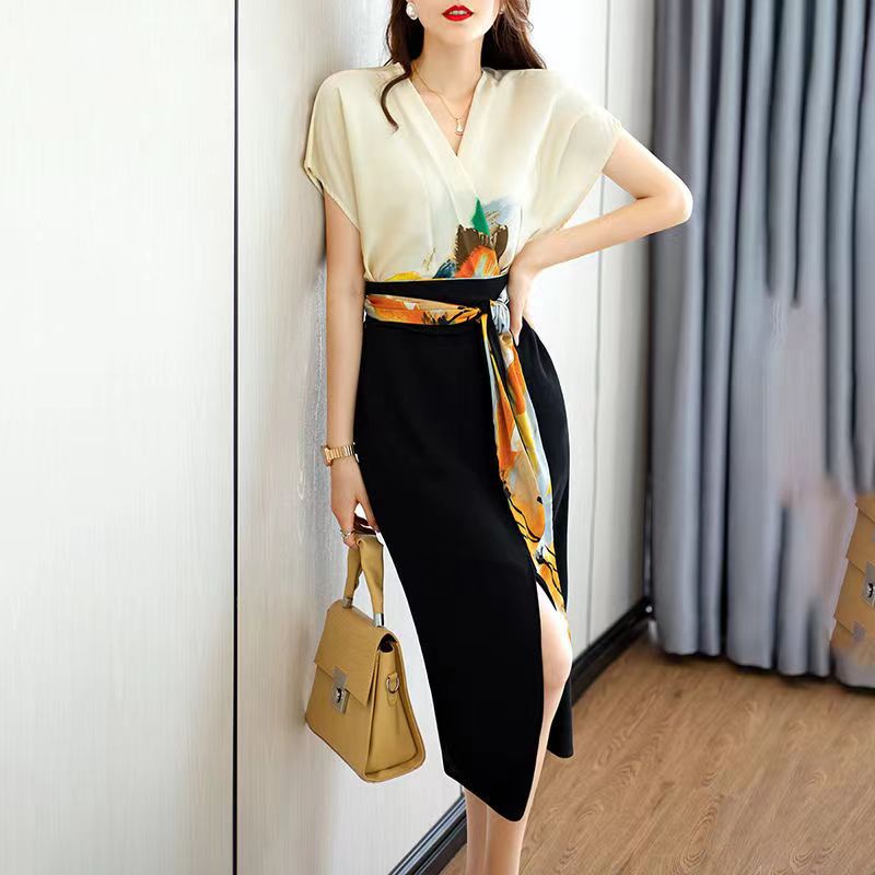 Đầm Chiffon Dài Tay Ngắn Cổ Chữ V Eo Cao Thời Trang Mùa Hè Dành Cho Nữ