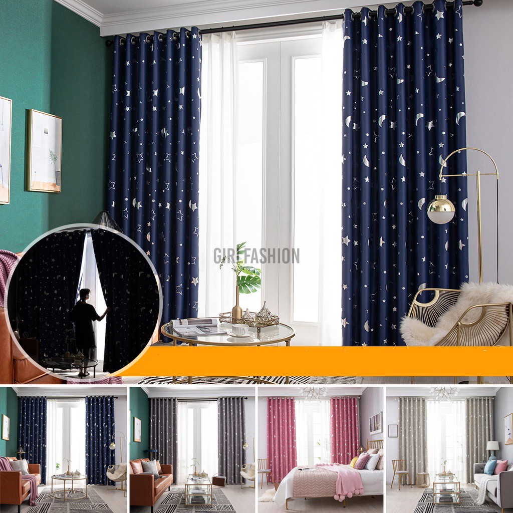 2Pcs Star Moon Print Bedroom Blackout Curtains Living Room Shading Window Blinds