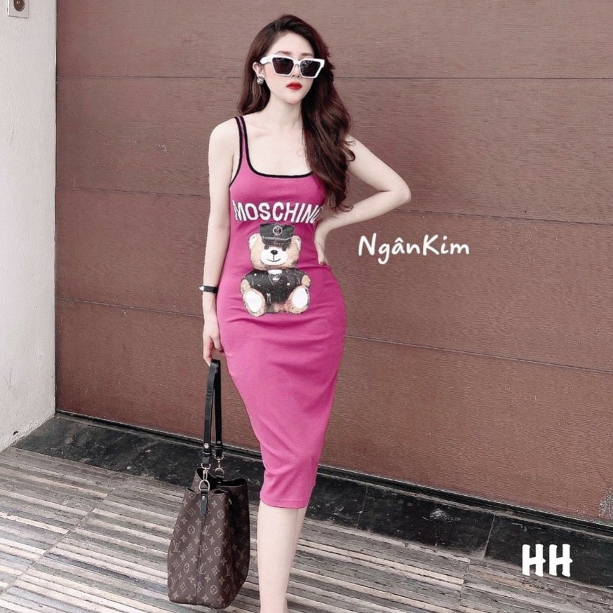 [ Mã FAMAYWA2 giảm 10K đơn 50K] đầm ôm body 2 dây in gấu mos cá tính dễ mặc