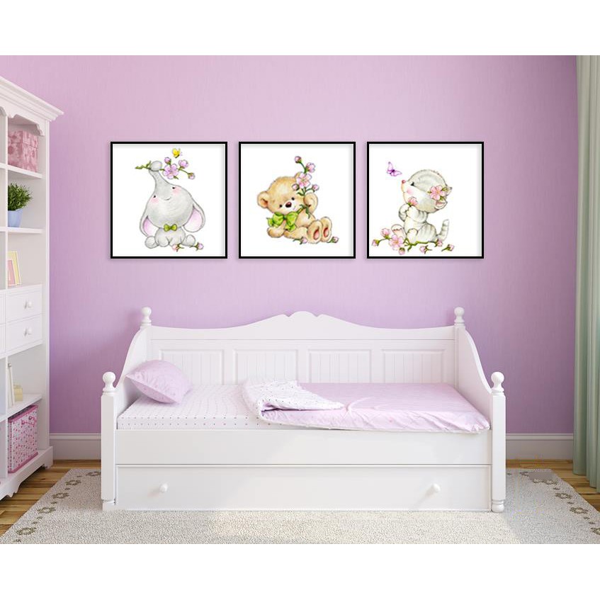 Tranh canvas kèm khung trang trí phòng khách, bộ 3 tranh những con vật đáng yêu - BT600