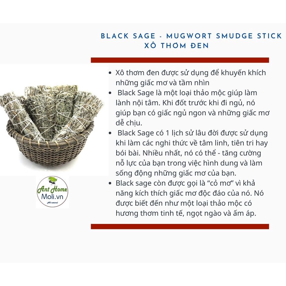 Bó lá xô thơm đen Sage Mugwort - Black Sage Smudge Incense 4"-5" Bundle