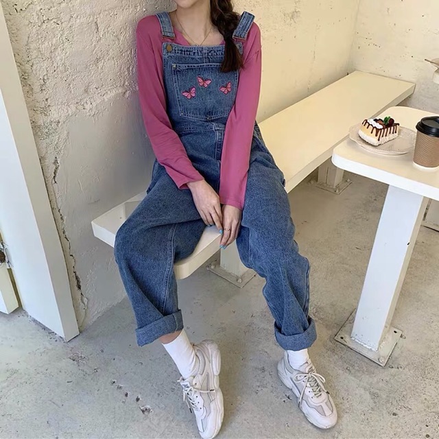 [KÈM ẢNH THẬT + SẴN] yếm quần bò jeans xanh dài dáng suông rộng túi ngực thêu hình xinh xắn ulzzang hàn quốc