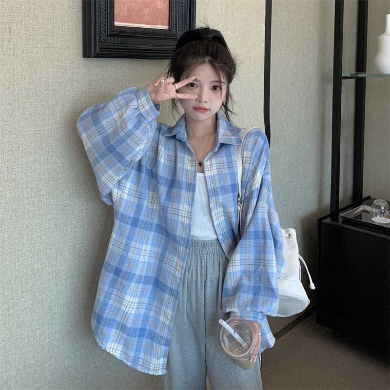 Áo sơ mi nữ cotton màu xanh kẻ sọc tay áo phồng mùa xuân mùa thu năm 2021 lỏng lẻo kiểu mới