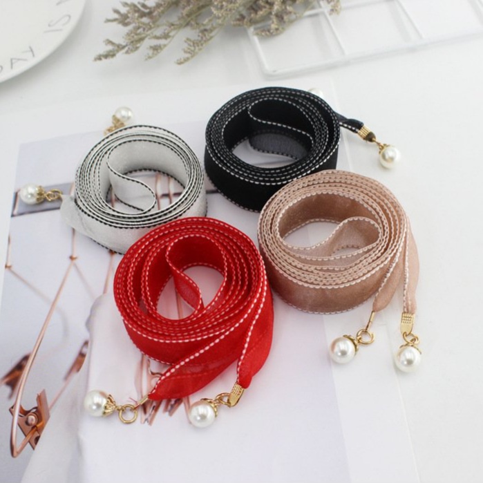 Dây thắt lưng vải voan thêu viền gắn ngọc, đai váy nữ thắt nơ thanh lịch