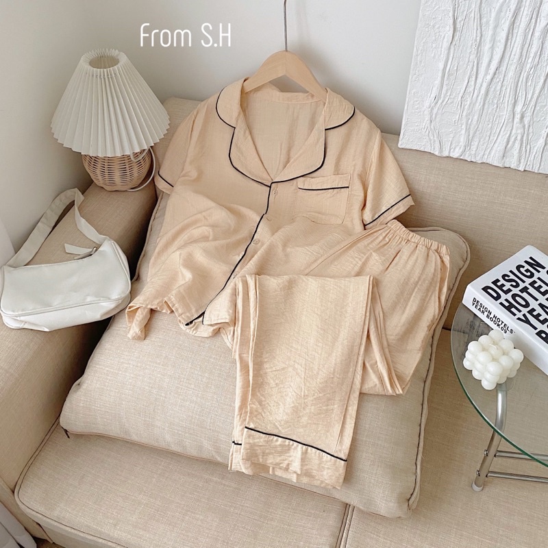 Sét bộ ngủ pyjama chất đũi xươc  trơn cổ vest