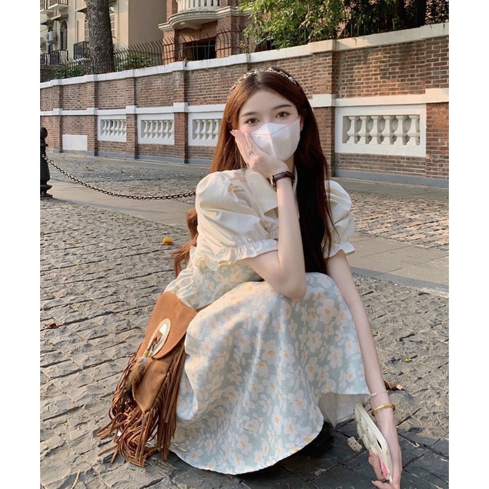 Set đầm 2s hoa xanh kèm áo khoác crop trắng CHIC HOLIC