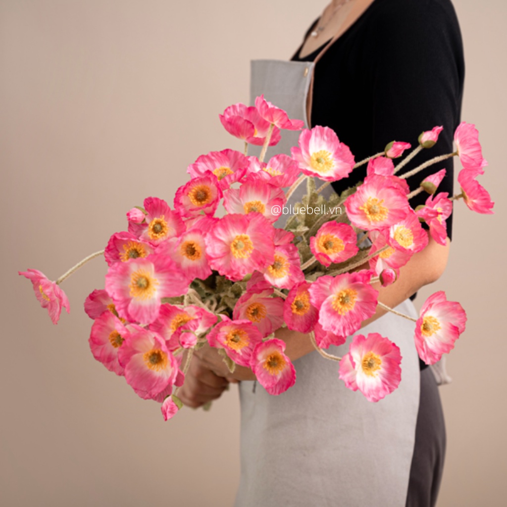 Hoa Anh Túc-Hoa Poppy-Hoa Kim Anh Giả Bằng Lụa 3 Bông 1 Nụ Trang Trí Nhà, Đạo Cụ Chụp Ảnh BlueBell