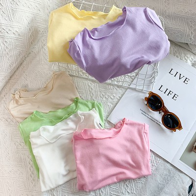 Áo thun ngắn tay cổ tròn màu trơn mềm mại phong cách Hàn Quốc thời trang hè cho bé gái