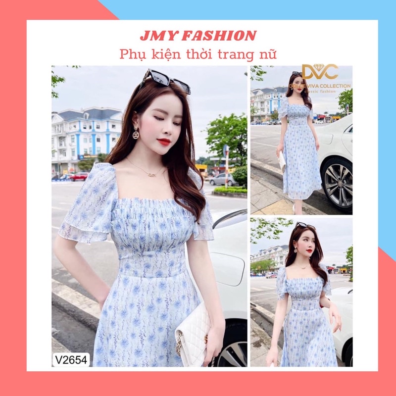 V2654 Váy voan hoa nhí xanh cổ vuông suông dài xếp ly ngực - (DVC&ACC) Dolce viva colection