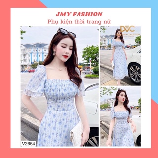  V2654 V4706 Váy voan hoa nhí xanh dáng A xòe dài xếp ly ngực  Dolce Viva Colection  DVC   đầm hoa xanh cổ vuông nữ tính 