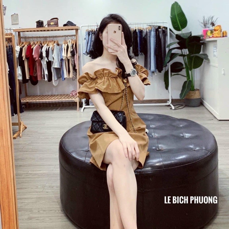 Váy trễ vai nâu tây phối bèo dáng xoè chữ A ngắn tiểu thư siêu xinh, Đầm dự tiệc bẹt vai chất thô mềm đẹp | BigBuy360 - bigbuy360.vn