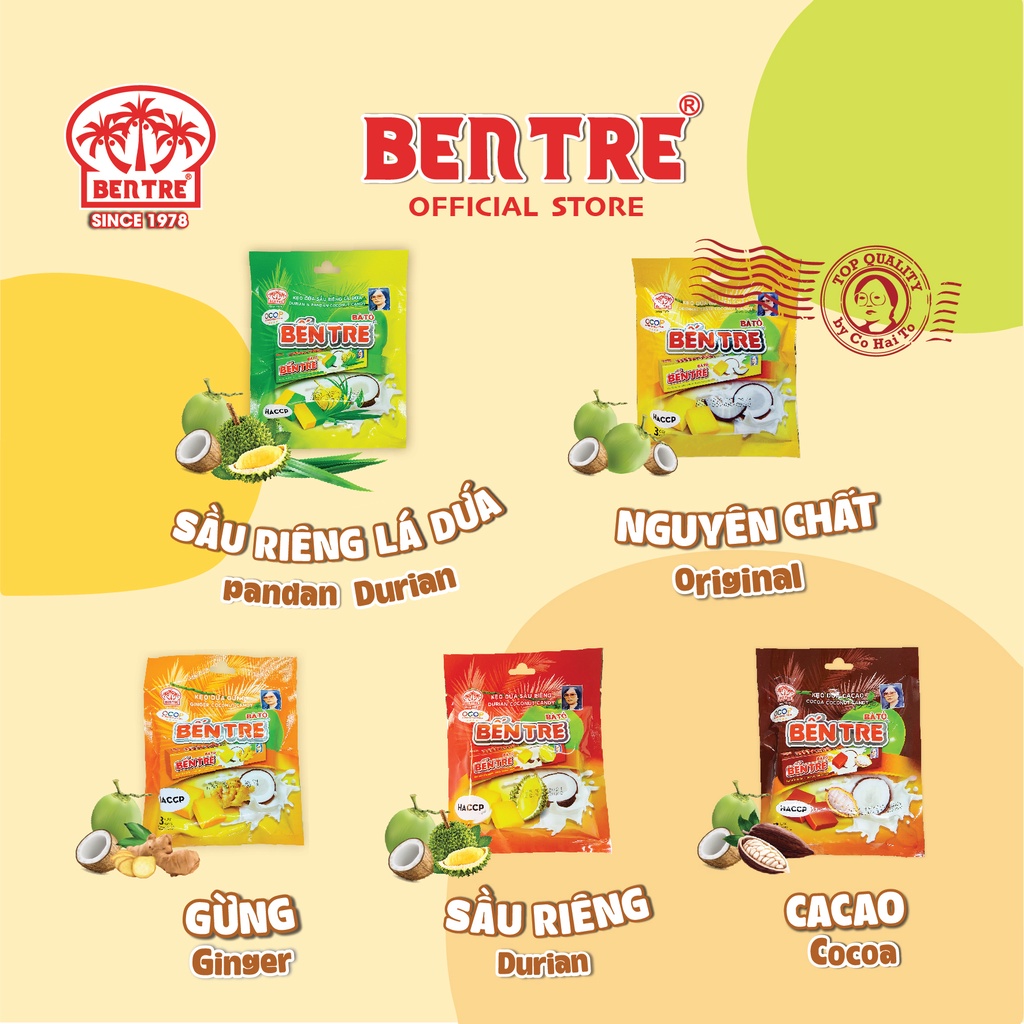 Kẹo dừa Bến Tre Cô Hai Tỏ vị Gừng - Túi 3 Thanh, 1 Thanh 10 viên, ăn vặt thơm ngon bổ dưỡng