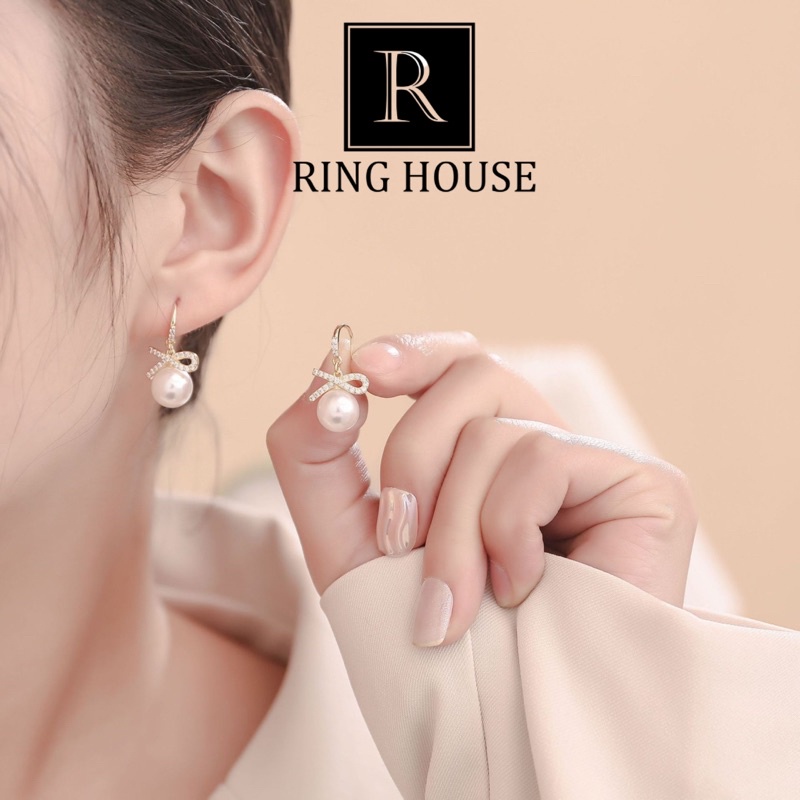 E91 Bông Tai Khuyên Tai Nữ Nơ Hạt Trai Đẹp Sang