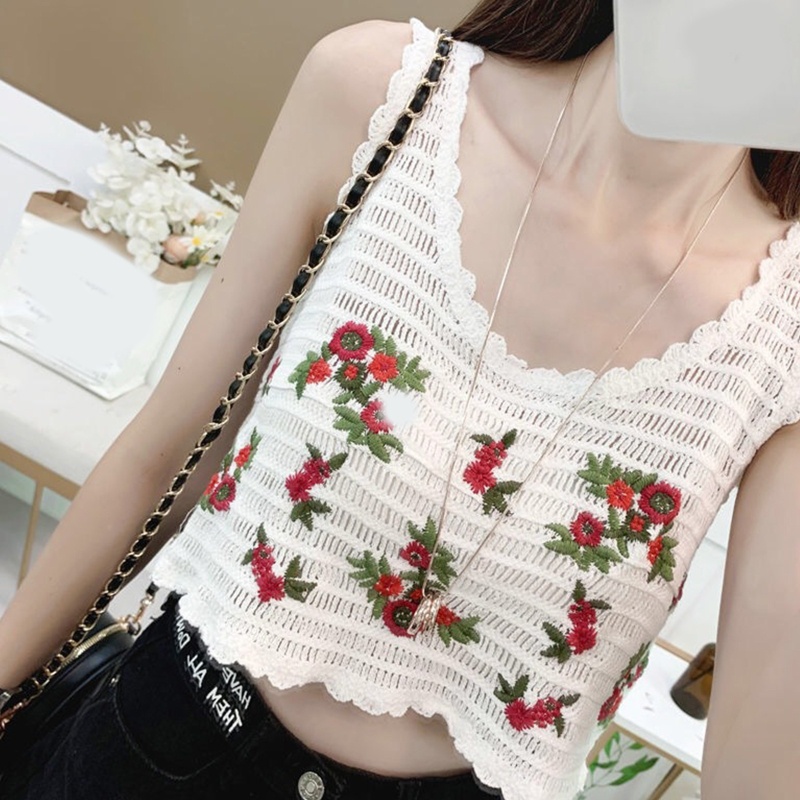 Áo Croptop Dệt Kim Không Tay Thêu Họa Tiết Hoa Lá Phong Cách Bohemian Thời Trang Mùa Hè Cho Nữ