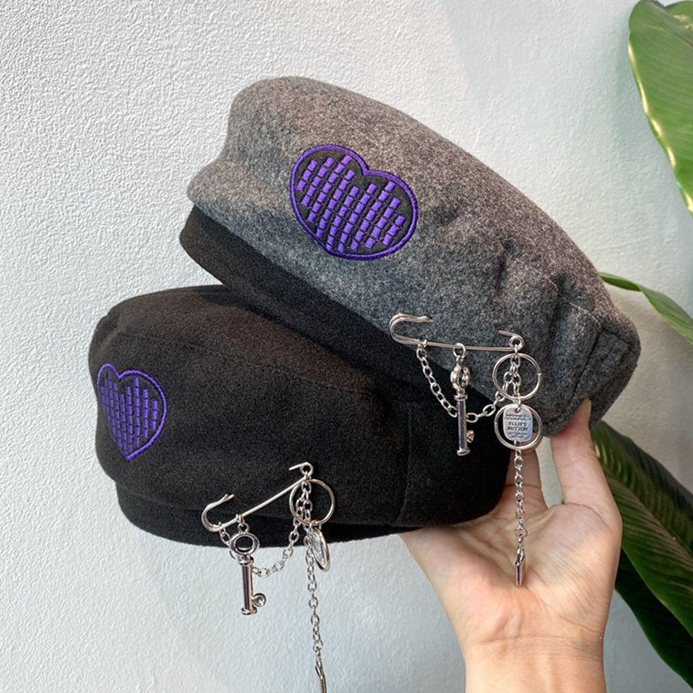 Lay Mũ Nồi Phối Dây Xích Thêu Trái Tim Kiểu Anh Quốc Thời Trang Mùa Đông
