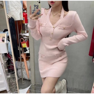 VÁY BODY LEN GÂN NÚT CỔ YẾM (v1271)