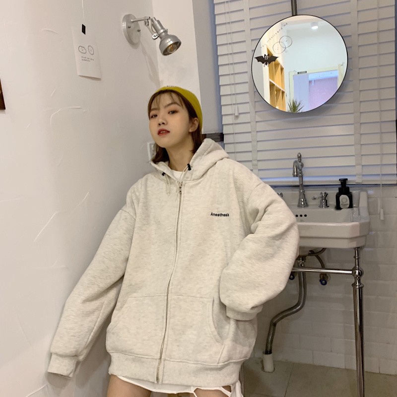 Áo Khoác cardigan Có Mũ Trùm Dáng Rộng Dài Vừa Phải Bằng Vải Lông Cừu Màu Xám Phong Cách retro Mỹ Mới Dành Cho Bạn Nữ