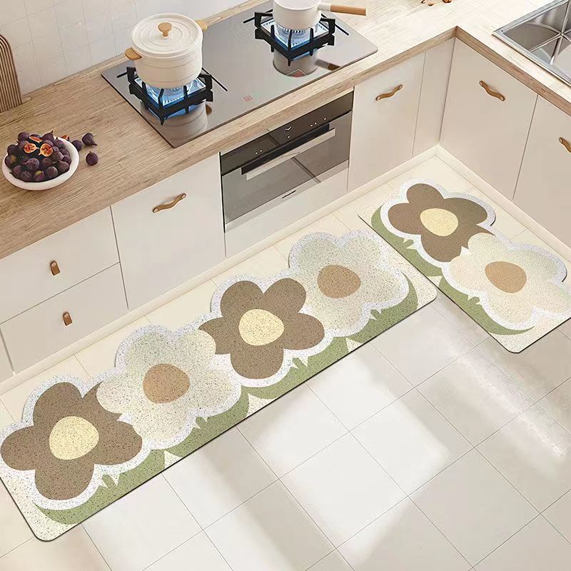 Thảm Lót Sàn Nhà Bếp Bằng Lụa Pvc Hình Tròn Họa Tiết Hoa Chống Bám Bẩn / Thấm Nước / Dầu / Trượt Tiện Dụng