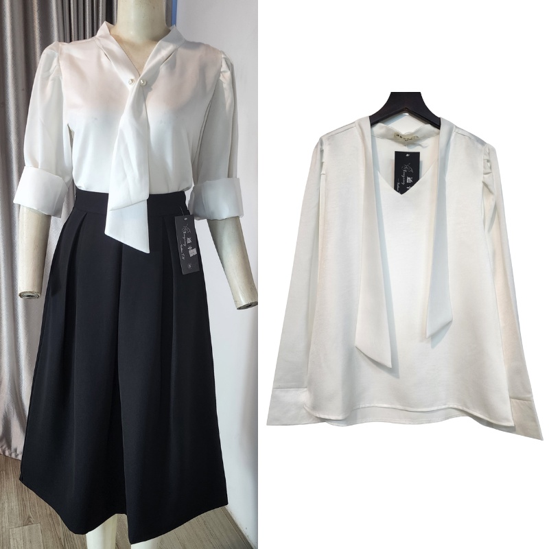 Áo sơ mi công sở nữ lụa trắng đẹp form rộng cổ V dây nơ gài ngọc kiểu sang trọng có BIGSIZE đi làm đi chơi đi học ASM04